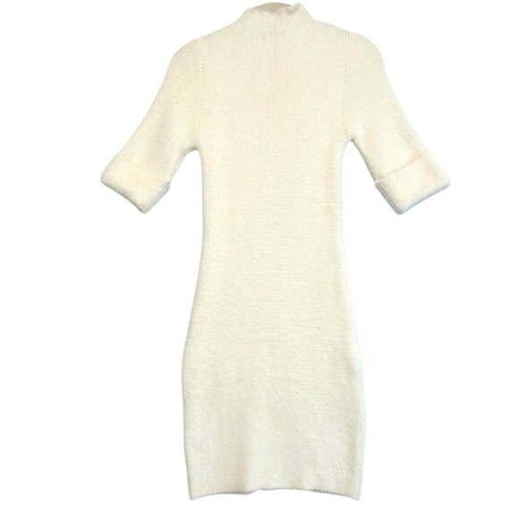 JoyinJoy Cream Fuzzy Knit Bodycon Mini Sweater Dress Mock Neck Gold Button S/M - Picture 4 of 11